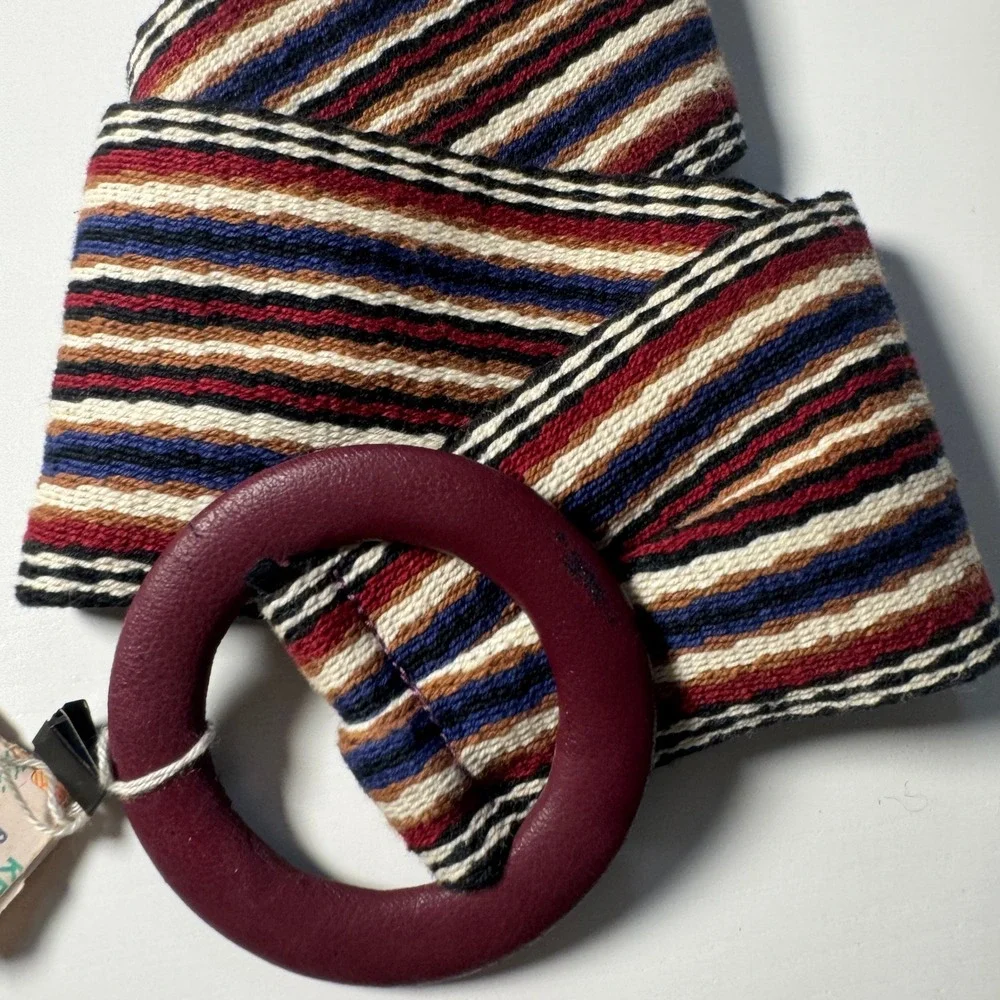 Vtg Woven Striped Belt Burgundy Leather Round Buckle Wide Dopamine chic elegant